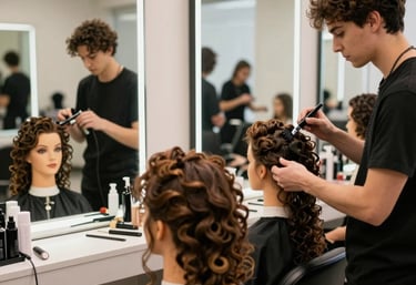 A warm, inviting salon space bathed in soft cream and bluish tones with stylists at work.