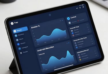 A close-up of a modern Android tablet showing a sophisticated dashboard with navy blue and muted blue colors. The setting is a bright, high-tech professional office.