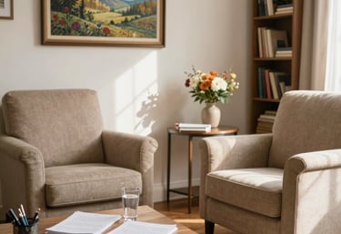 A calm therapy room with soft lighting and comfortable chairs.