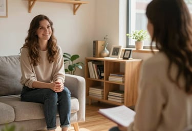 A cozy space with plants and soft cushions for therapy sessions.