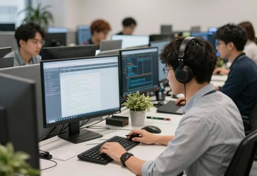 A developer working on AI code with futuristic data visualizations on screen.