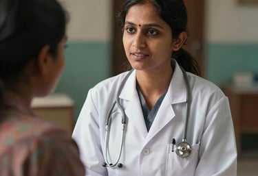 A candid photograph of a South Asian woman physician in a clean white coat talking kindly with a patient in a rural setting, soft light.