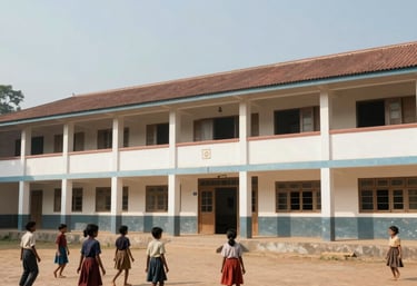 A bright photography of a South Asian rural school building with children playing in the foreground, clean architecture, inspiring atmosphere.
