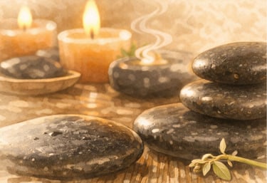 Ilustración oriental minimalista con piedras calientes y velas en calma.