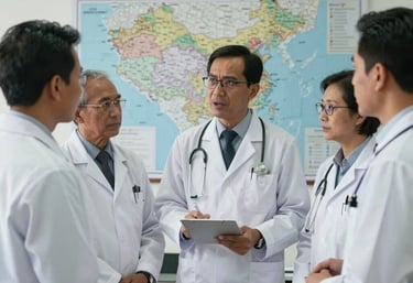 A group of doctors in West Kalimantan wearing professional white coats, engaged in a collaborative discussion in a modern office with maps of the region.