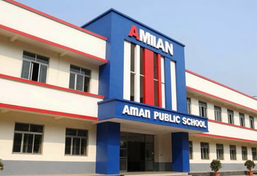 A bright, wide-angle photograph of the Aman Public School building exterior in Gajraula, India. The architecture is modern and professional, with clear signage in a royal blue and red palette.