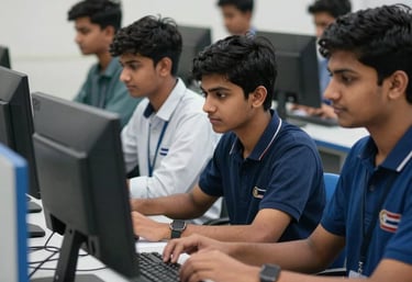 A photography shot of South Asian students in a high-tech computer lab with white furniture and royal blue accents, looking focused.