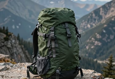 A rugged, dark green outdoor backpack leaning against a mountain rock ledge, vast mountain peaks in the distance, North American landscape. No people.