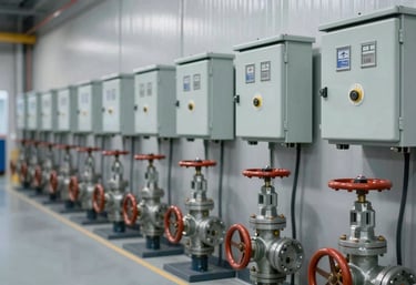An array of precision-engineered fire protection valves and control boxes from leading brands, organized in a modern industrial storage facility.