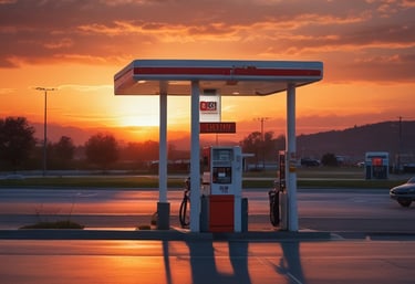 Photo of the gas pumps at The Junction with cars refueling under a bright sky.