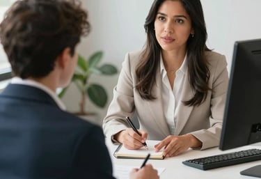 A professional consultant discussing financial documents with a client in a modern office.