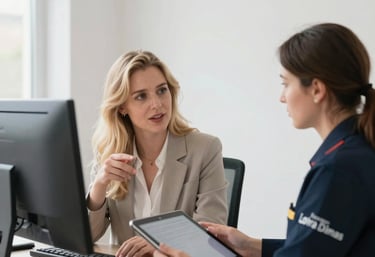 A professional woman in a modern office environment, engaging warmly with a client, symbolizing trust and personalized service.