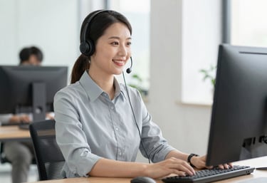 A professional customer service person with a headset, smiling at a computer screen in a bright, modern office workspace. Colors: #E7D9C7 and #4A2D2A.