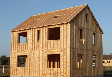 Professional photography of a partially constructed CLT residential house, showing the precise layering of the timber walls against a clear blue sky in a Central European landscape.