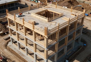 An aerial view of a construction site featuring a multi-story CLT building, showcasing the speed of assembly and the clean, organized nature of timber construction sites.