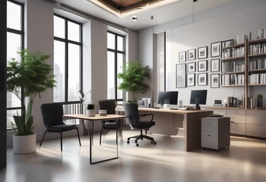 A friendly real estate agent discussing property details with clients in a bright office.