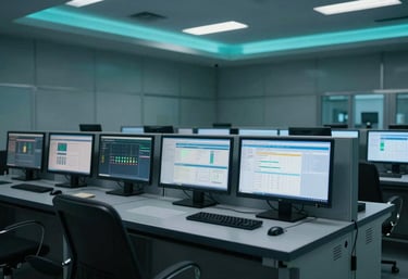 A modern industrial control room with monitors displaying data analytics in a North American / Mexican facility, teal and dark blue ambient lighting.