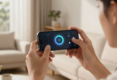 A person using a smartphone to control smart home features in a contemporary North American living room with warm morning light and off-white textures.