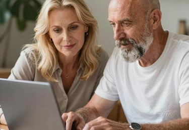 Idosos aprendendo a usar notebook com professora particular de tecnologia