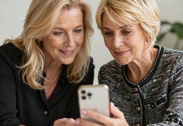 Senhora aprendendo a usar seu celular com a professora