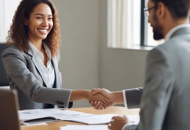 A confident lawyer discussing inheritance documents with a client in a bright office.