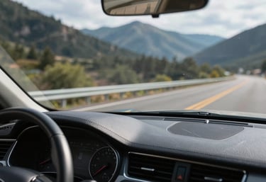 A close-up of a car's dashboard and a perfectly clear, newly installed windshield, showing a sharp, vibrant view of a North American mountain road. Sophisticated and high-quality.