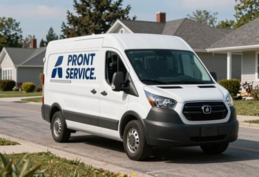 A professional mobile auto glass service van driving through a quiet North American neighborhood on a clear day, symbolizing prompt service.