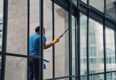A professional cleaner in uniform carefully wiping down a modern office desk.
