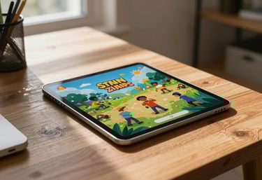 A lifestyle shot of a tablet on a sleek wooden table in a sunlit North American home office, showing a colorful casual game with smooth textures.