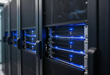A professional photography shot of a sleek server room with blue LEDs reflecting on polished surfaces. Represents secure, high-tech infrastructure in a North American / International Professional setting.