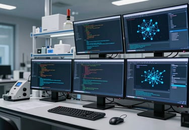 A sharp, clear photograph of an innovative North American / International Professional laboratory workspace with multiple high-definition screens displaying code and neural network diagrams. Subtle blue accent lighting.