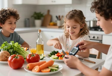 A North American / US family kitchen scene where a healthy meal is being prepared, with a focus on fresh vegetables. The composition is bright and vibrant, reflecting a positive lifestyle approach to diabetes. Professional lifestyle photography.