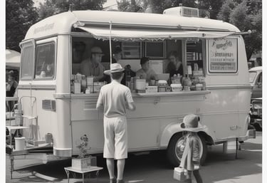 A modern mobile caravan parked at an outdoor festival setting.