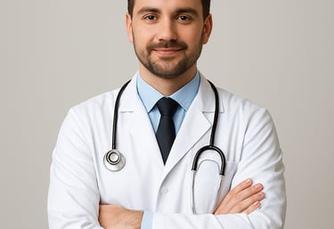 Professional portrait of the lead doctor in a warm clinic setting with saffron orange accents.