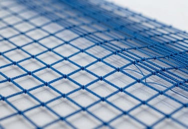 Macro shot of high-quality, weather-resistant safety netting material showing the strength of the weave. Clean, technical, and professional photography with #79A78B accents.