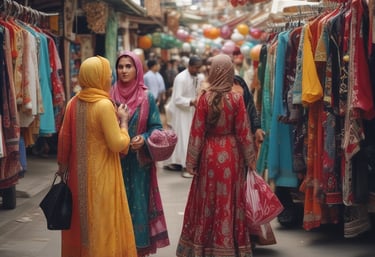 Families enjoying traditional Eid dishes together under colorful festival tents.