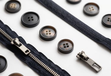 A collection of premium garment accessories including buttons and zippers arranged on a #F7FAFC surface. Modern, sleek, and high-precision aesthetic.