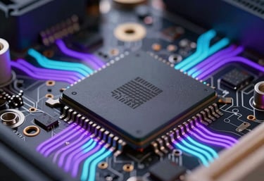 Close-up of a high-tech computer chip on a motherboard with glowing neon purple and cyan traces, professional tech photography.