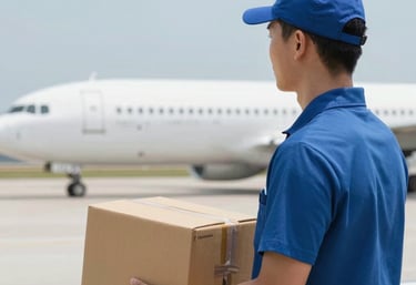 A close-up of a courier handing over a package to a smiling recipient at an airport.
