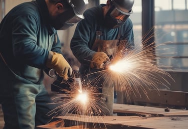 A group of technical workers in safety gear coordinating on a construction site.