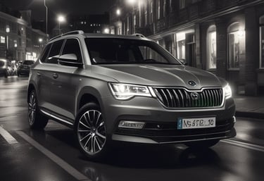 A sleek Skoda car parked on a scenic road during golden hour.