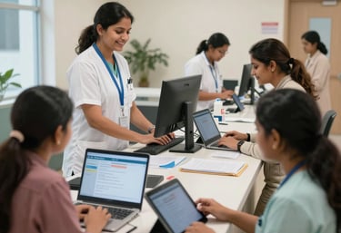 A modern healthcare icon representing patient management with blue highlights and soft shadows.