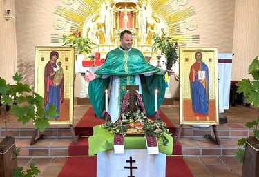 An Orthodox priest in green vestments stands at the altar during a traditional church service.