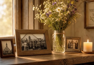 Vintage family photos and wildflowers in a mason jar on a rustic wooden windowsill with a lit candle