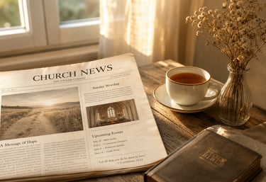 Church news newsletter on a wooden table with a Holy Bible, cup of tea, and dried flowers in sunligh