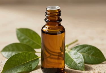 An amber glass bottle of Ayurvedic oil sitting on a textured stone surface surrounded by fresh green leaves, warm morning light, earthy taupe and deep green colors.