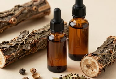 Modern dropper bottles containing herbal extracts, arranged alongside raw medicinal barks and seeds on a cream surface, representing the blend of tradition and science.