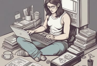 A cozy workspace with a laptop displaying news articles, a cup of coffee, and a notepad filled with sports and finance notes.