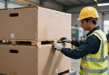 Professional industrial team member in safety gear overseeing a shipment of large crates, Iberian / Latin American facility, bright and clear lighting.