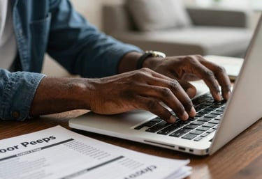A close-up shot of an African American man's hands typing on a laptop, with a printed 'Poor Peeps' credit guide resting on the table next to him. North American living room setting.